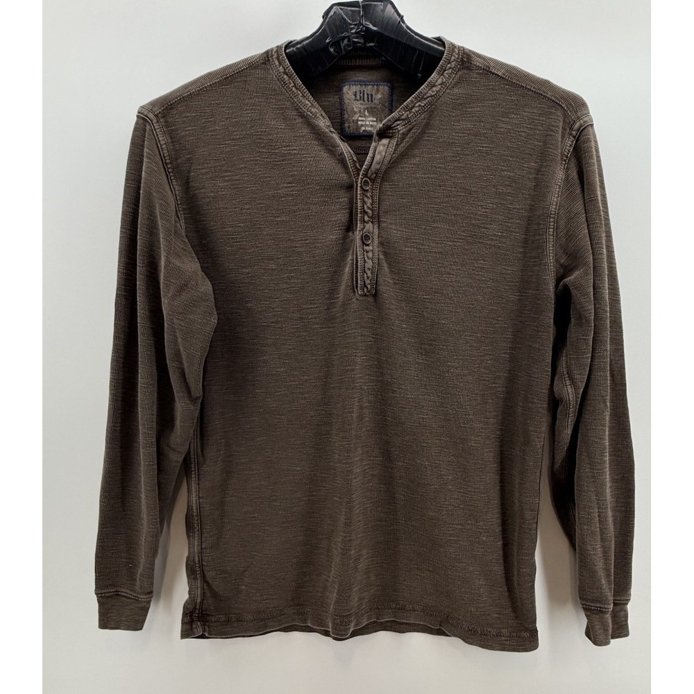 Men's L Long Sleeve Blue Pronto Uomo Shirt Brown Button Henley Elbow Patches